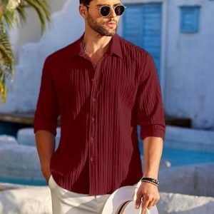 DEELMO Men’s Casual Button Down Shirts Long Sleeve Linen Shirt Fashion Textured Beach Summer Shirt