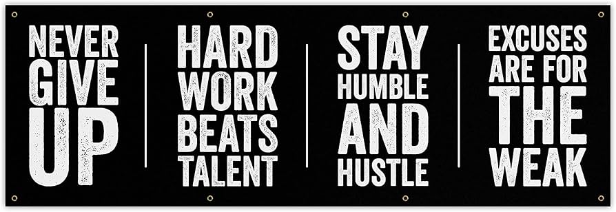 Motivational banner with quotes “Never give up,” “Hard work beats talent,” “Stay humble and hustle,” and “Excuses are for the weak,” showing how to stay motivated every day.