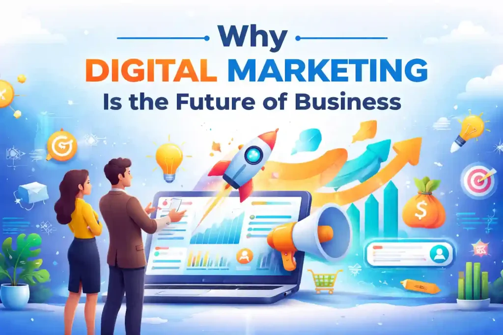 Why digital marketing is the future of business showing online growth, analytics, SEO, and modern marketing strategies