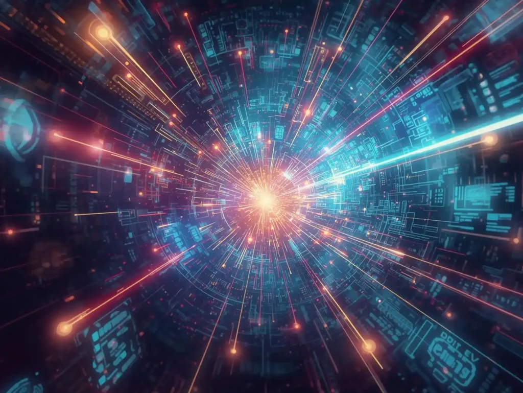 “Futuristic digital tunnel with glowing neon lights and particle effects representing advanced VFX and motion graphics technology.”
