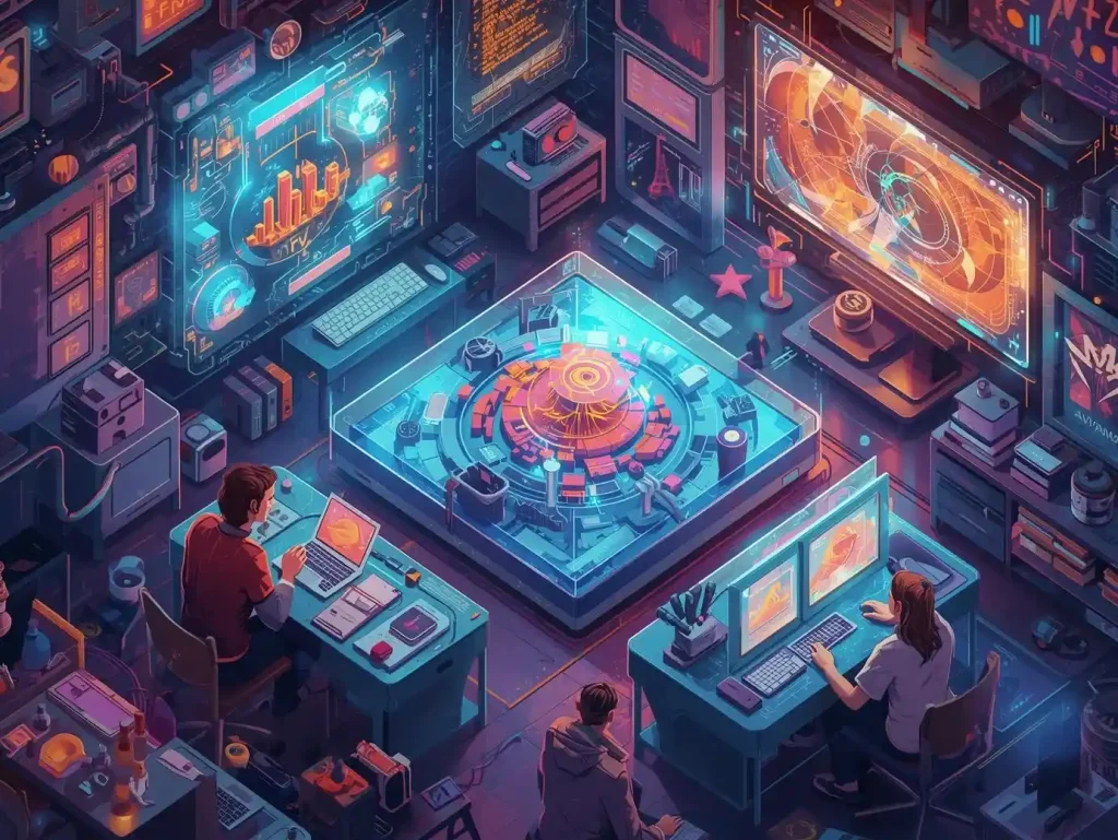 “Students working on advanced VFX and animation projects in a high-tech digital studio with holographic screens and 3D design interfaces.”