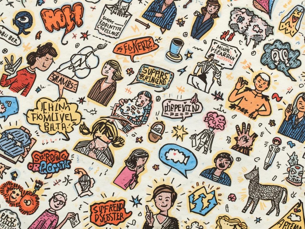 Creative illustration showing emotions, thoughts, speech bubbles, and human expressions representing communication challenges