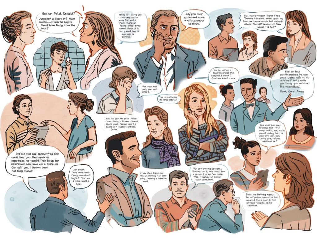 Illustration showing different people communicating through conversations, listening, phone calls, and group discussions