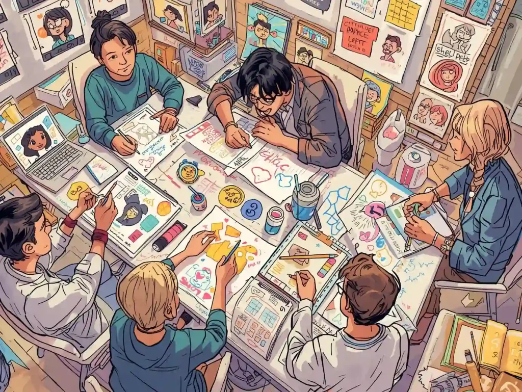 Illustration of students sitting around a table drawing character designs, sketching faces, and creating digital art in an animation classroom environment.
