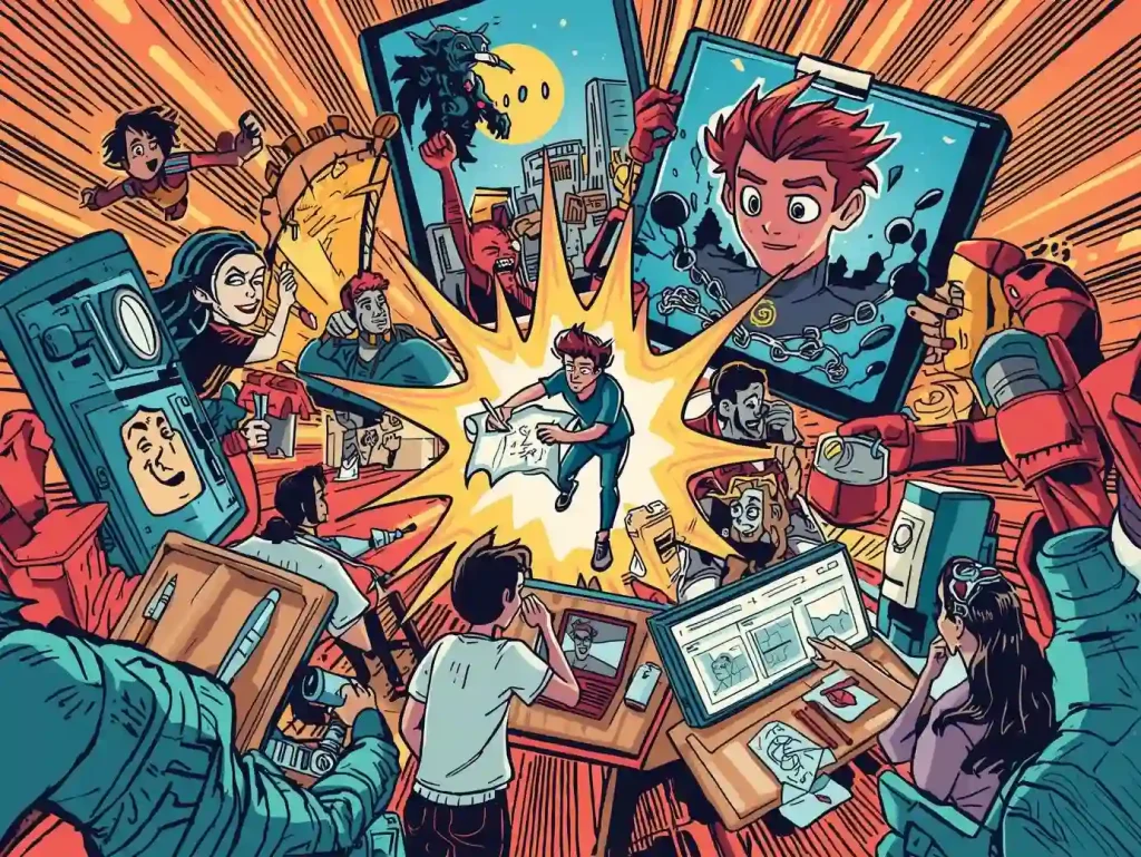Illustration showing animators sketching characters while surrounded by colorful fantasy figures and comic-style scenes bursting from drawing tablets.